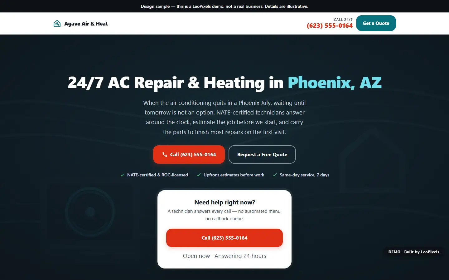 The Agave Air & Heat demo homepage, showing the centred hero, the tap-to-call panel and the 24/7 emergency bar