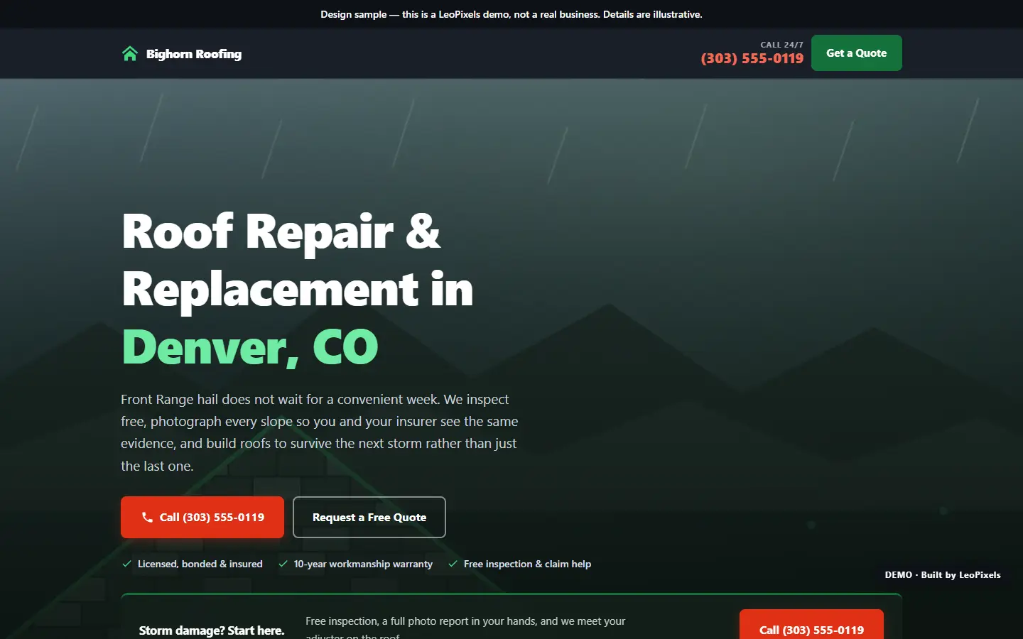 The Bighorn Roofing demo homepage, showing the image-led hero, the seated storm bar and the 24/7 emergency strip