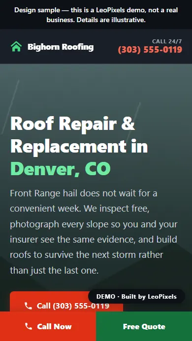 Bighorn Roofing demo site on a phone screen