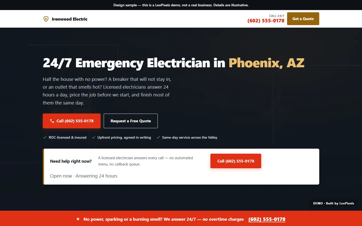 The Ironwood Electric demo homepage, showing the tap-to-call header, the emergency electrician headline and the 24/7 emergency bar