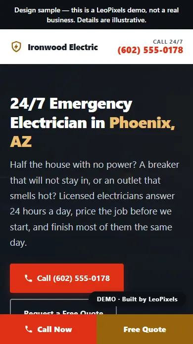 Ironwood Electric demo site on a phone screen