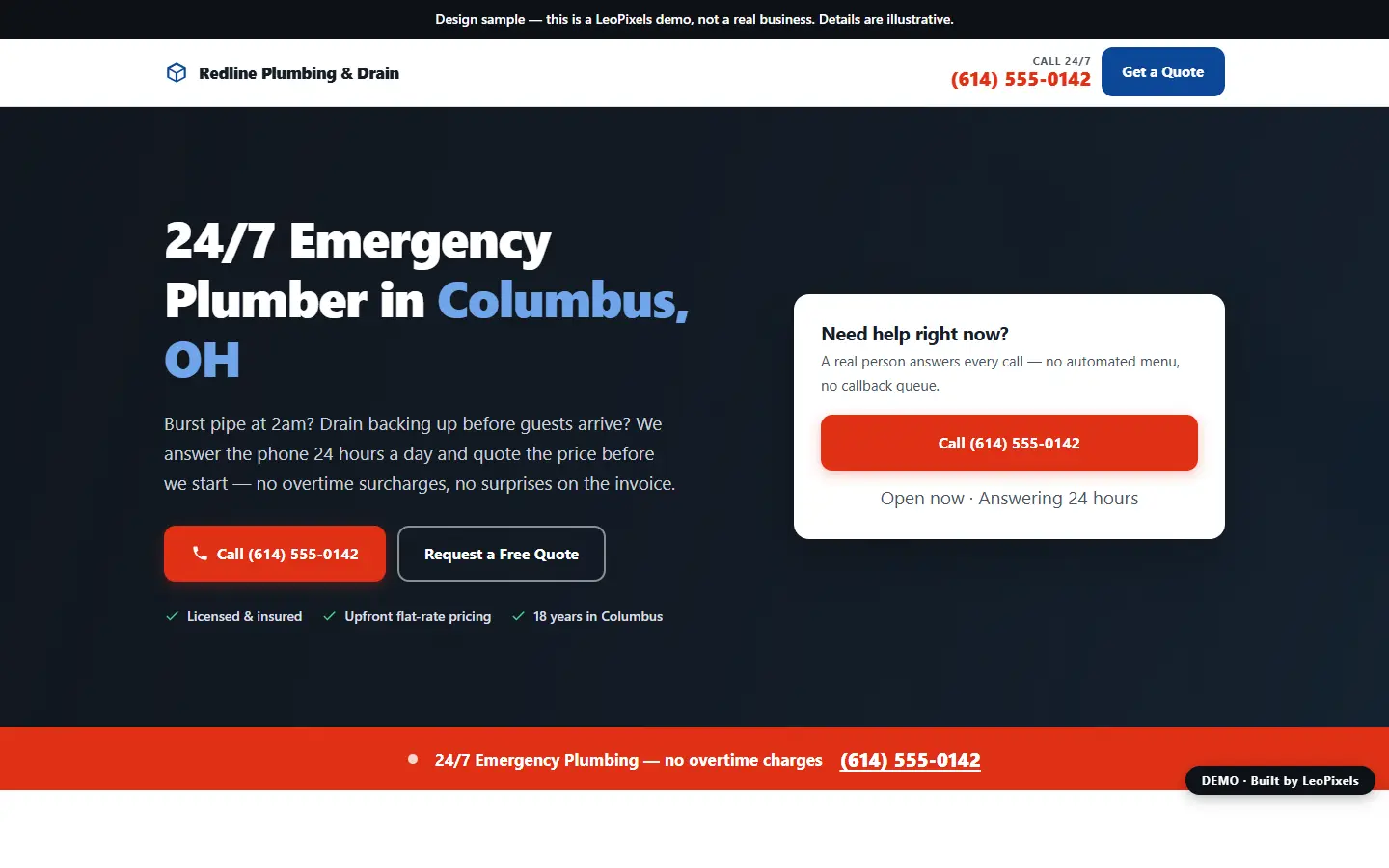 The Redline Plumbing demo homepage, showing the tap-to-call header, the emergency plumber headline and the 24/7 emergency bar
