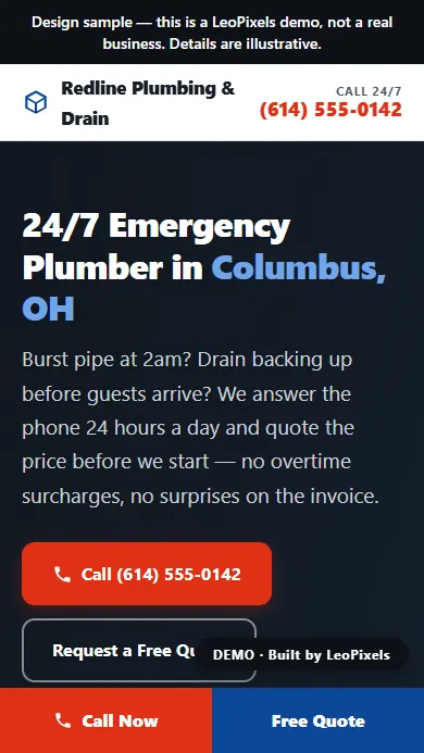 Redline Plumbing & Drain demo site on a phone screen